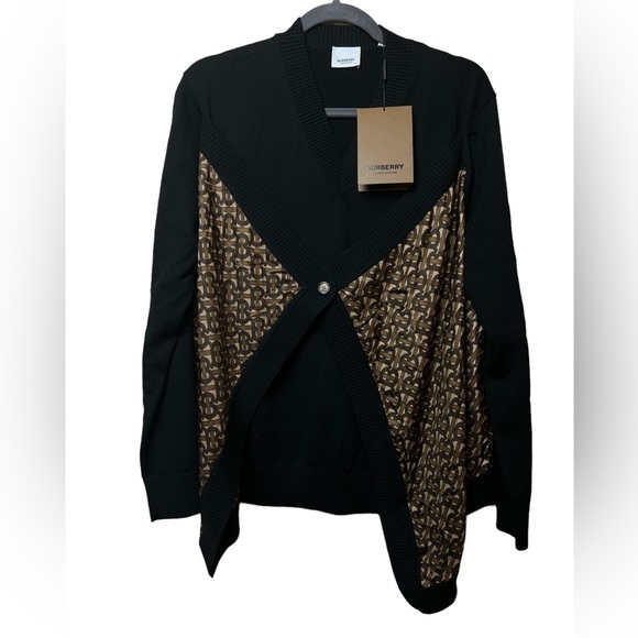 BURBERRY womens V-neck Silk twill-paneled merino wool sweater size M - Picture 15 of 15